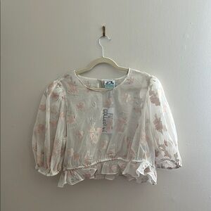 Cream and Pink Ruffled Crop Top with Peter Pan Collar